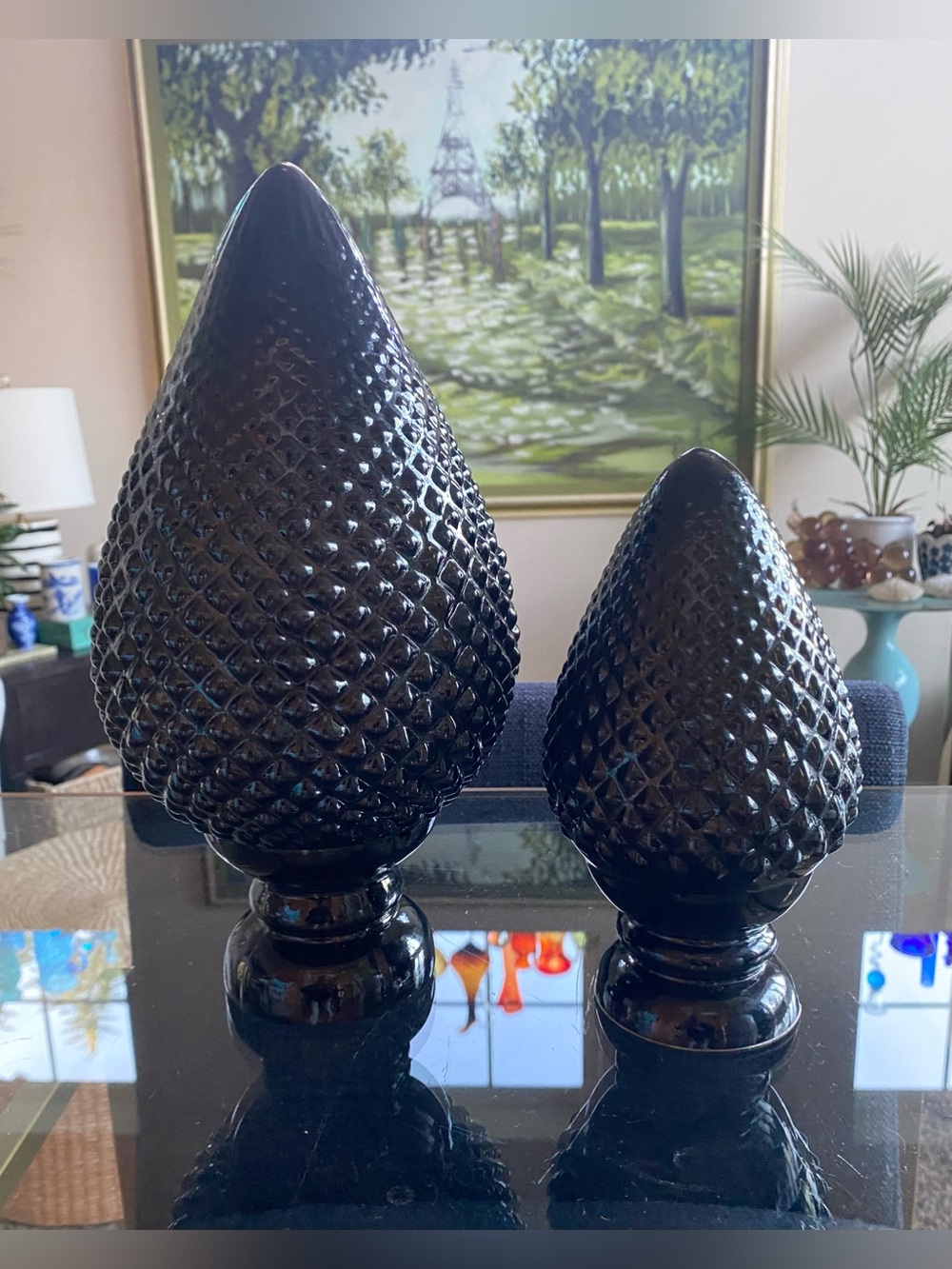 VTG Sicilian Black Glass Pigna Pine Cone Decor Set of 2 Hobnail Finials